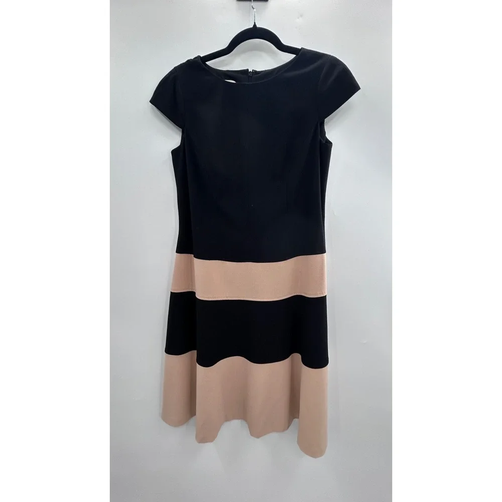 Anne Klein Women Black Tan Colorblock Cap Sleeve Fit Flare Dress Size 10 Career - Picture 2 of 8